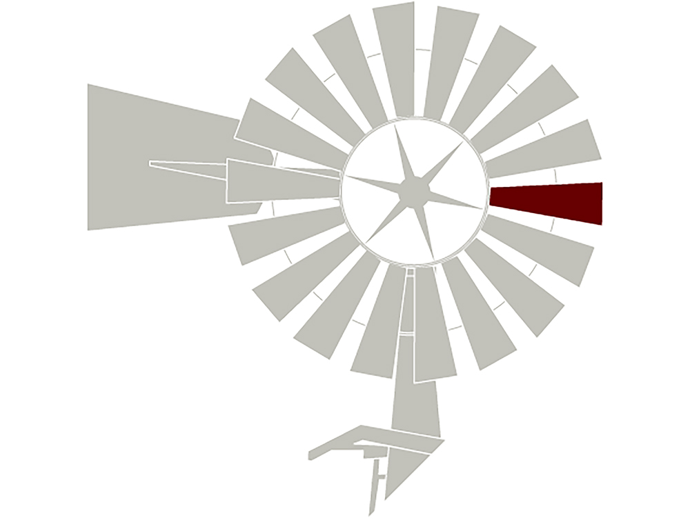 A logo of a gray weather vane with one maroon spoke.