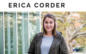 Screenshot of a photo of a young woman (Erica Corder) with the text, "Erica Corder," hovering above in black text on a white background.
