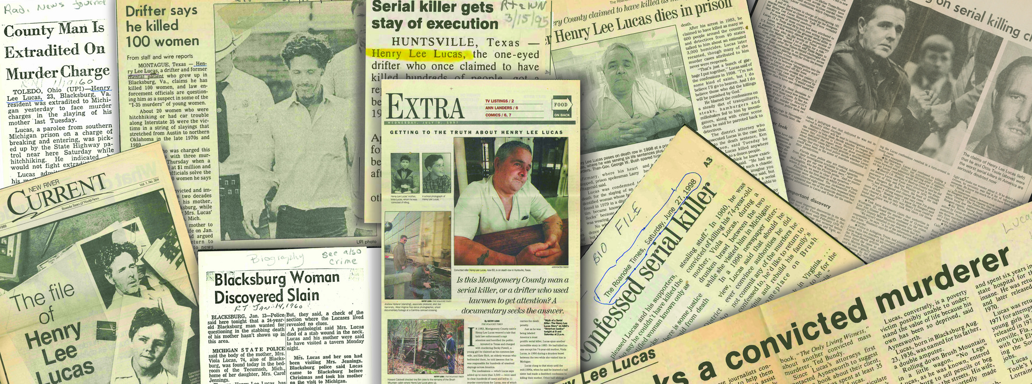 Illustration of newspaper pages laying on top of each other, with various headlines about famed serial killer Henry Lee Lucas.