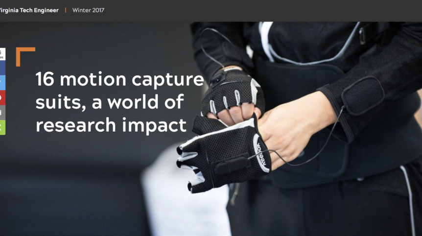Screenshot of a cover image for a story in a digital magazine. In the photo, a young man tries on a black cloth glove, which is connected to wires. It's a close up shot, focused only on the lower torso and the black suit.
