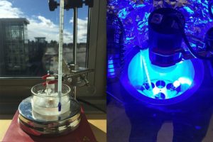 Two side-by-side photos of a chemical reaction experiment setup.