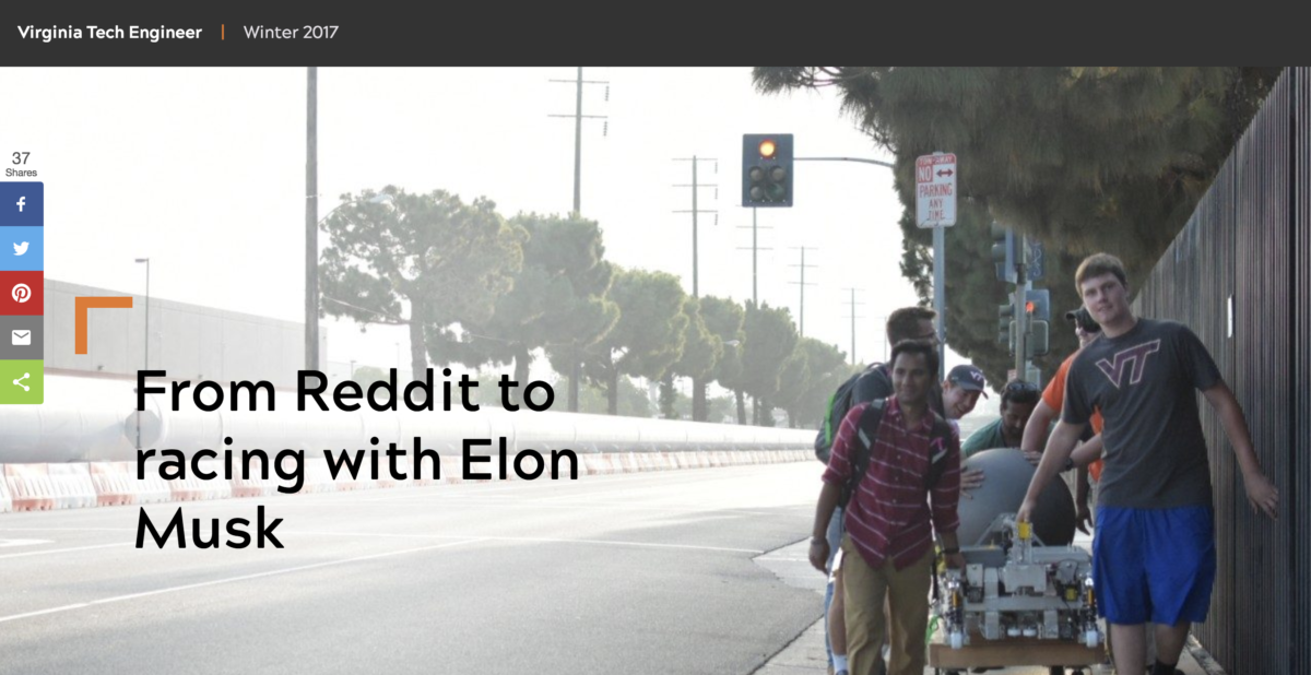 Screenshot of a cover image for a story in a digital magazine. In the photo, several members of the Hyperloop team are pulling and pushing along a pod on the sidewalk.