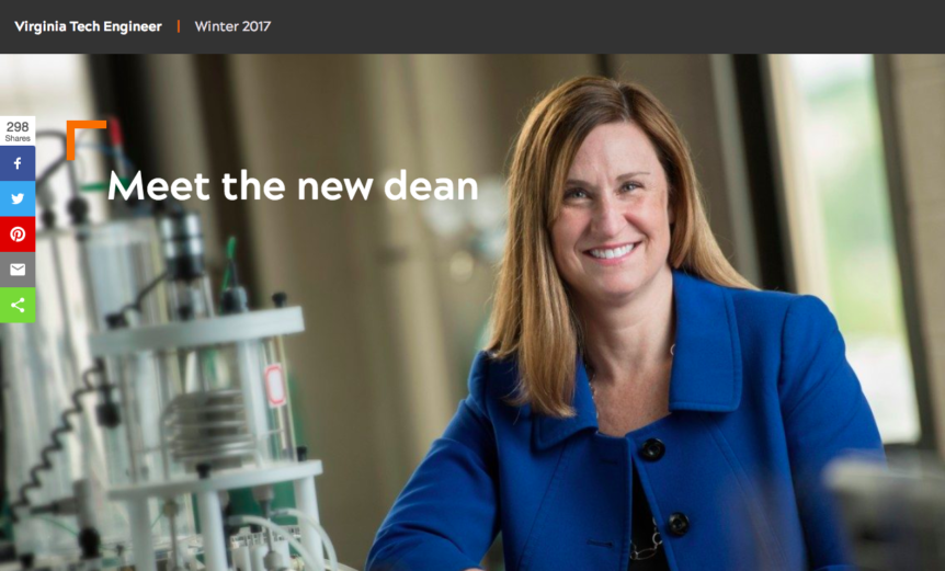 Screenshot of a cover image for a story in a digital magazine. Image is of Julia Ross smiling for a photo in a lab setting.