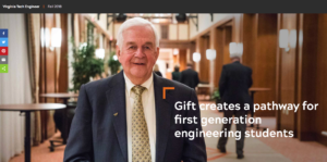 Screenshot of a cover image featuring Joe May and the title, which reads "Gift creates a pathway for first generation engineering students."