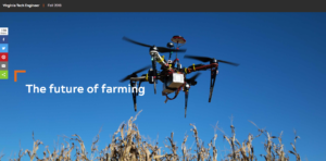 Screenshot of an image of a drone hovering above corn stalks. The words "The future of farming" appear below.