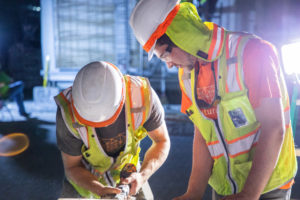 A photo of two people in safety gear on an active construction site using power tools.